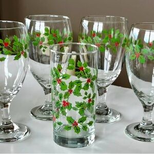 Libbey Crisa blown glass stemware/tumbler holiday/Christmas themed glasses